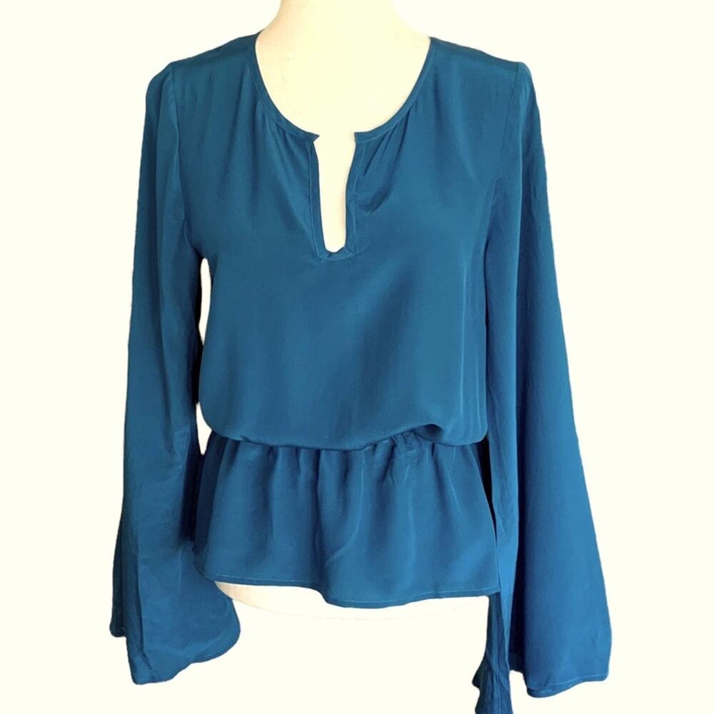 LA Made women’s silk blouse teal blousy sleeves‎ gathered stretchy waist size M